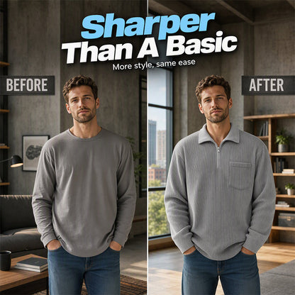Camisola casual masculina com canelado e meio fecho