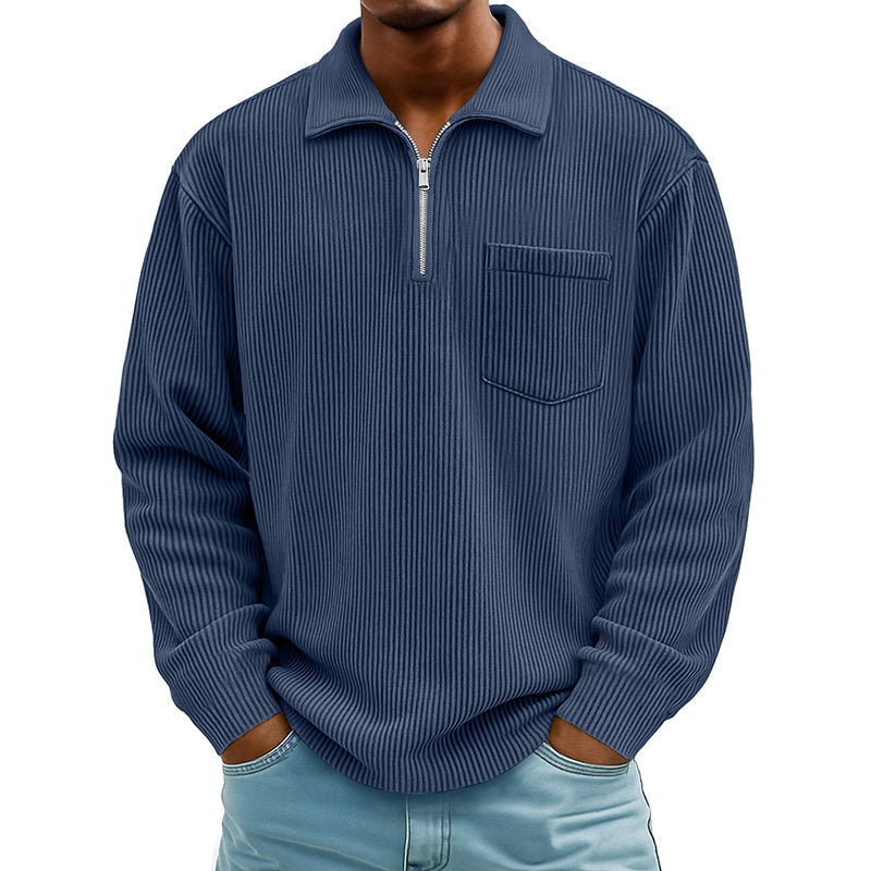 Camisola casual masculina com canelado e meio fecho