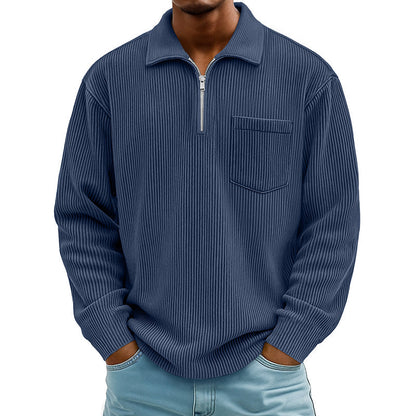 Camisola casual masculina com canelado e meio fecho