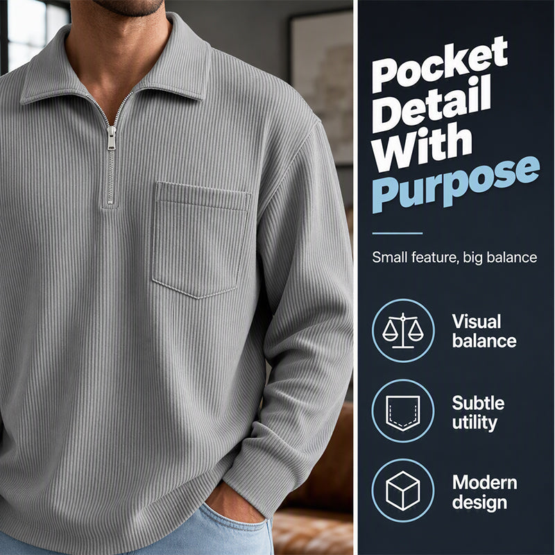 Camisola casual masculina com canelado e meio fecho