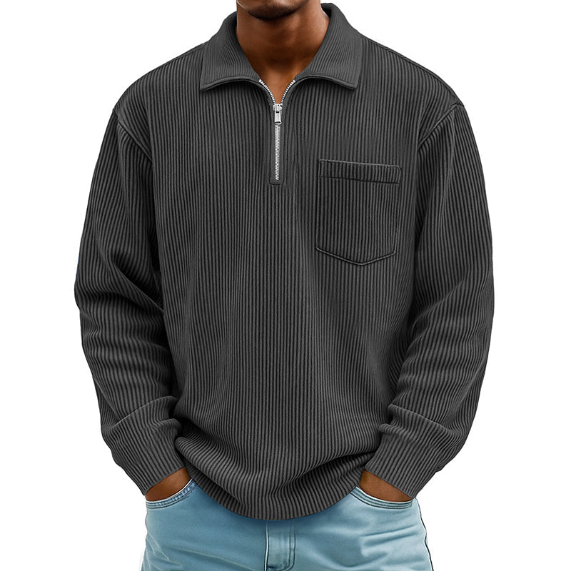 Camisola casual masculina com canelado e meio fecho