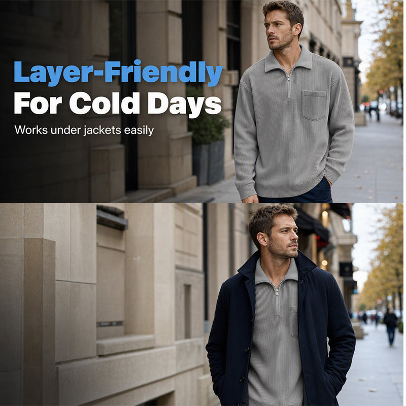 Camisola casual masculina com canelado e meio fecho