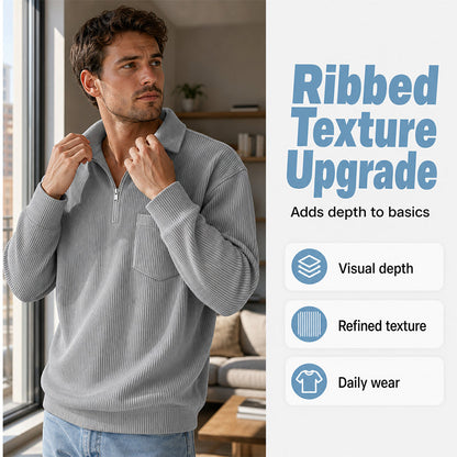 Camisola casual masculina com canelado e meio fecho