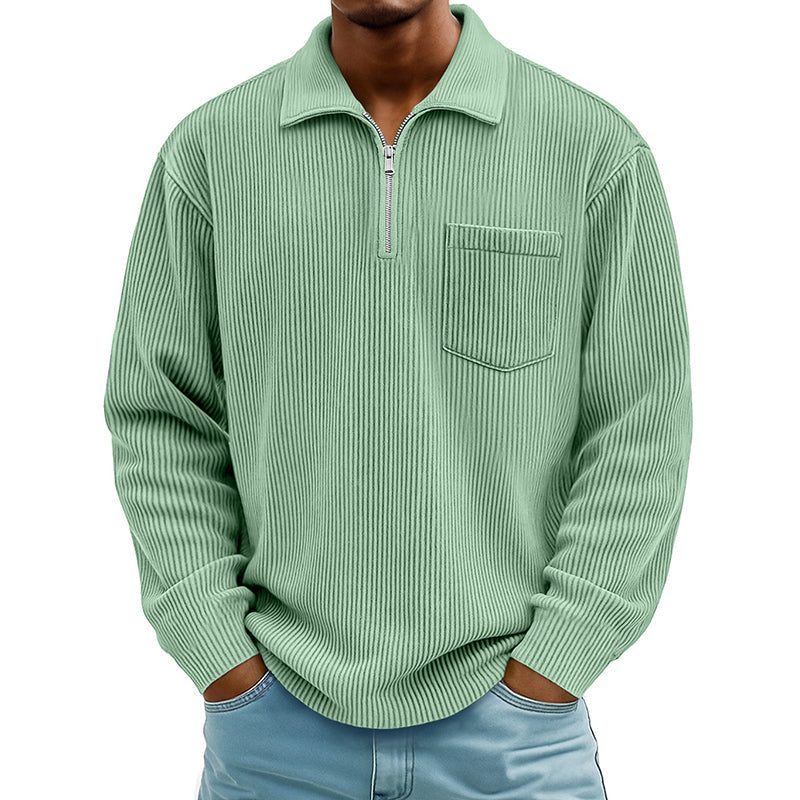 Camisola casual masculina com canelado e meio fecho