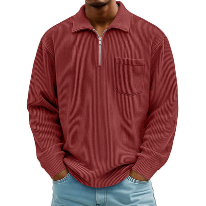 Camisola casual masculina com canelado e meio fecho