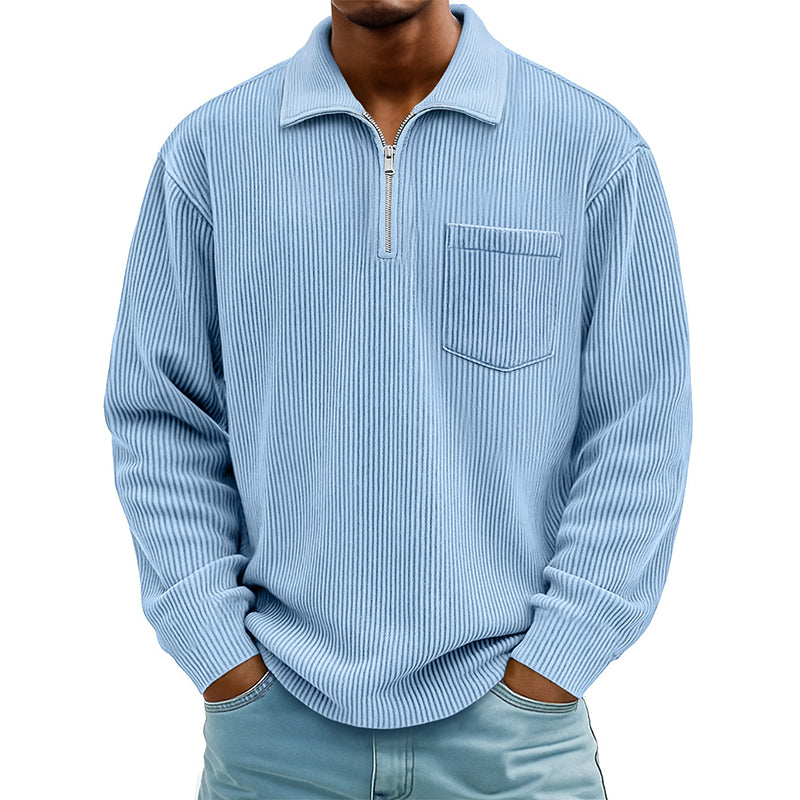 Camisola casual masculina com canelado e meio fecho