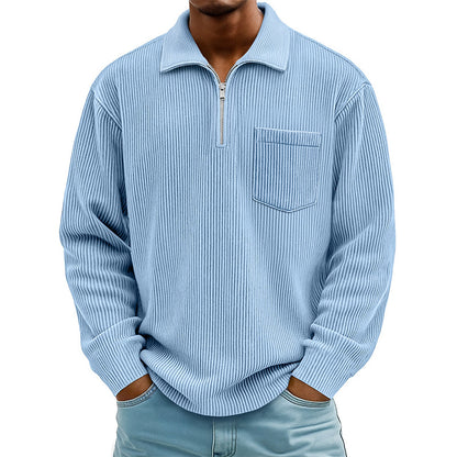 Camisola casual masculina com canelado e meio fecho