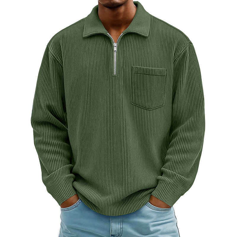 Camisola casual masculina com canelado e meio fecho