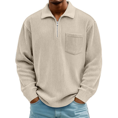Camisola casual masculina com canelado e meio fecho