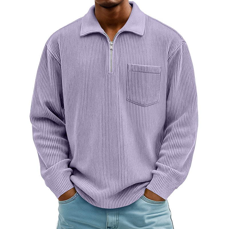 Camisola casual masculina com canelado e meio fecho