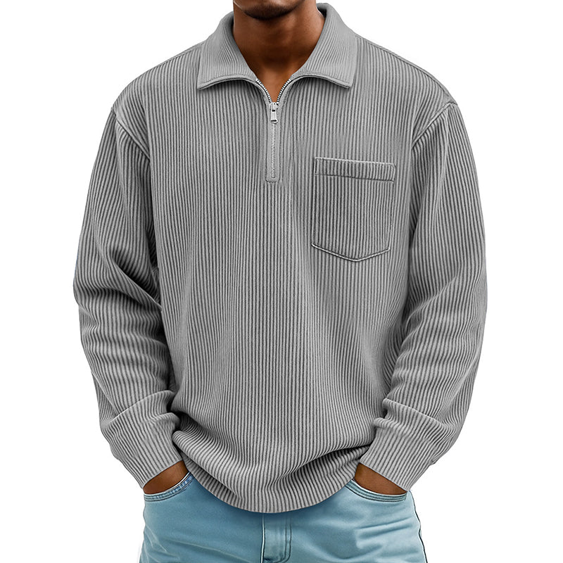 Camisola casual masculina com canelado e meio fecho