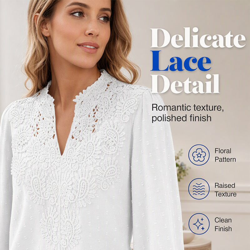 ✨👚Blusa feminina com decote em V, em renda, de manga comprida, com padrão «Swiss Dot», casual, tipo t-shirt