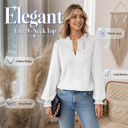 ✨👚Blusa feminina com decote em V, em renda, de manga comprida, com padrão «Swiss Dot», casual, tipo t-shirt
