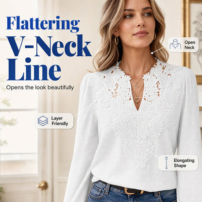 ✨👚Blusa feminina com decote em V, em renda, de manga comprida, com padrão «Swiss Dot», casual, tipo t-shirt