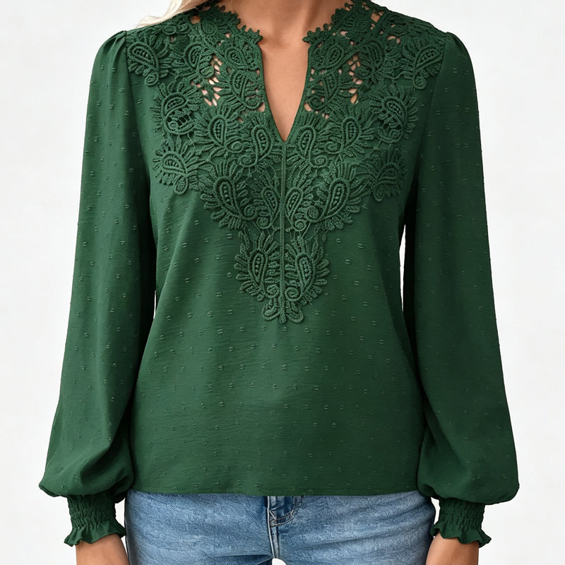 ✨👚Blusa feminina com decote em V, em renda, de manga comprida, com padrão «Swiss Dot», casual, tipo t-shirt