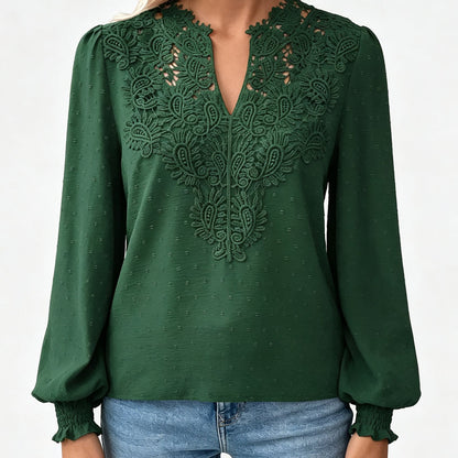 ✨👚Blusa feminina com decote em V, em renda, de manga comprida, com padrão «Swiss Dot», casual, tipo t-shirt