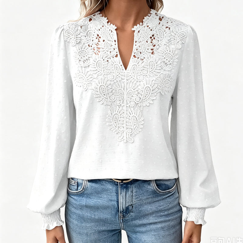 ✨👚Blusa feminina com decote em V, em renda, de manga comprida, com padrão «Swiss Dot», casual, tipo t-shirt
