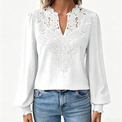 ✨👚Blusa feminina com decote em V, em renda, de manga comprida, com padrão «Swiss Dot», casual, tipo t-shirt
