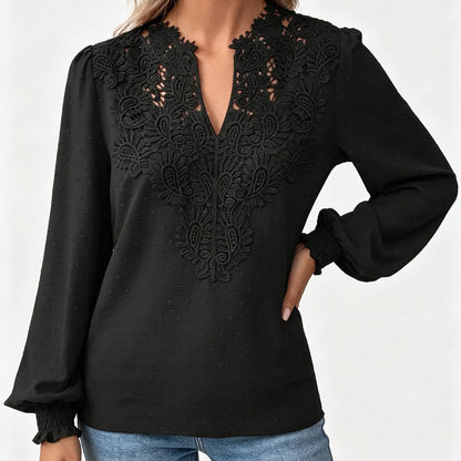 ✨👚Blusa feminina com decote em V, em renda, de manga comprida, com padrão «Swiss Dot», casual, tipo t-shirt