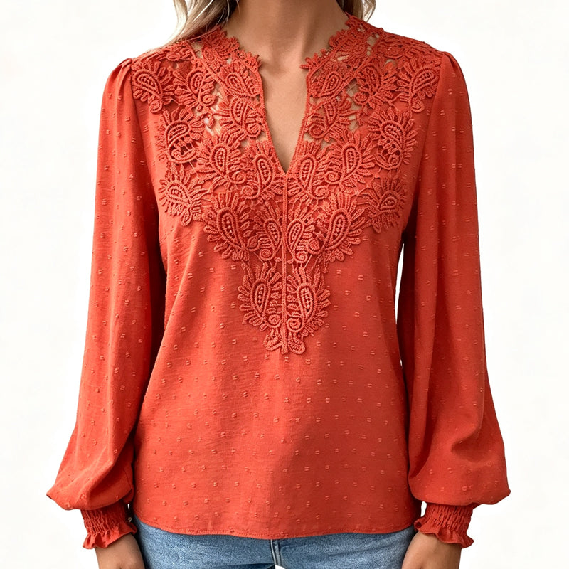 ✨👚Blusa feminina com decote em V, em renda, de manga comprida, com padrão «Swiss Dot», casual, tipo t-shirt