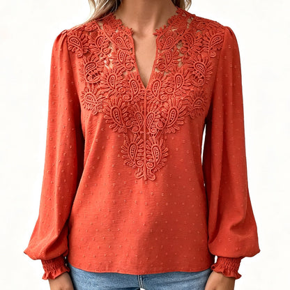 ✨👚Blusa feminina com decote em V, em renda, de manga comprida, com padrão «Swiss Dot», casual, tipo t-shirt