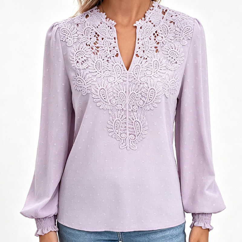 ✨👚Blusa feminina com decote em V, em renda, de manga comprida, com padrão «Swiss Dot», casual, tipo t-shirt