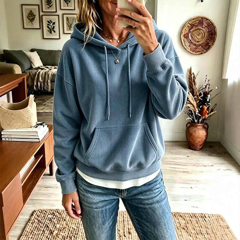 ✨👚Camisola com capuz e bolsos em veludo cotelê para mulher