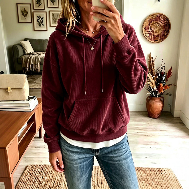 ✨👚Camisola com capuz e bolsos em veludo cotelê para mulher