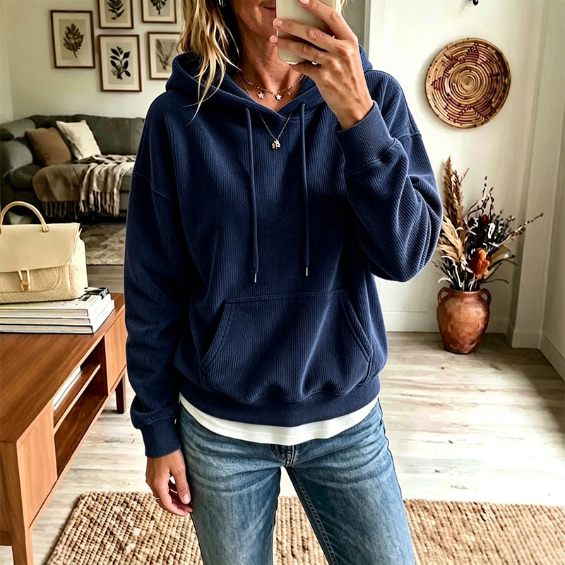 ✨👚Camisola com capuz e bolsos em veludo cotelê para mulher