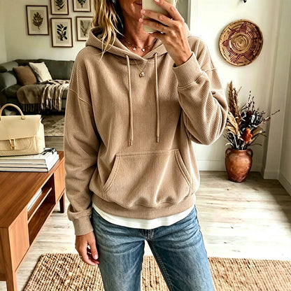 ✨👚Camisola com capuz e bolsos em veludo cotelê para mulher