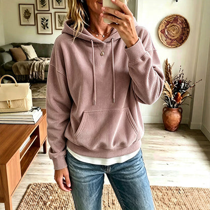 ✨👚Camisola com capuz e bolsos em veludo cotelê para mulher