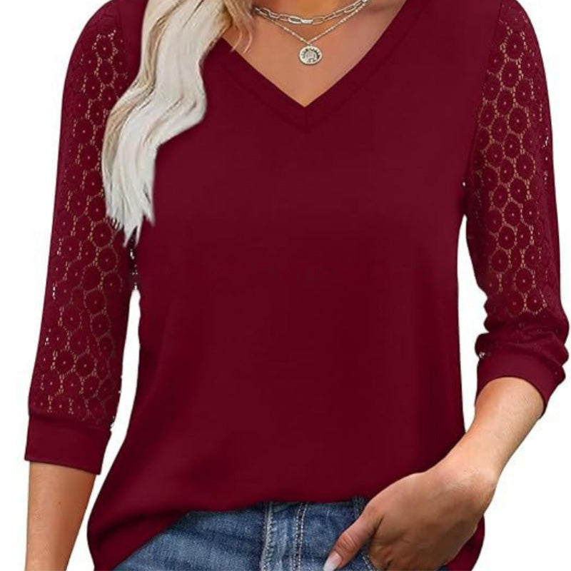Women's Casual V-Neck Lace 3/4 Length Sleeve Top