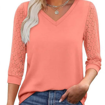 Women's Casual V-Neck Lace 3/4 Length Sleeve Top