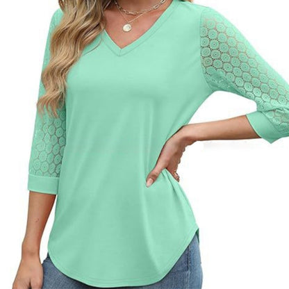 Women's Casual V-Neck Lace 3/4 Length Sleeve Top