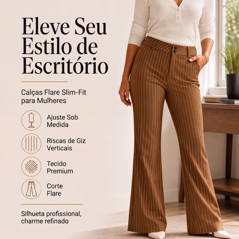 Calças sociais femininas listradas de corte flare