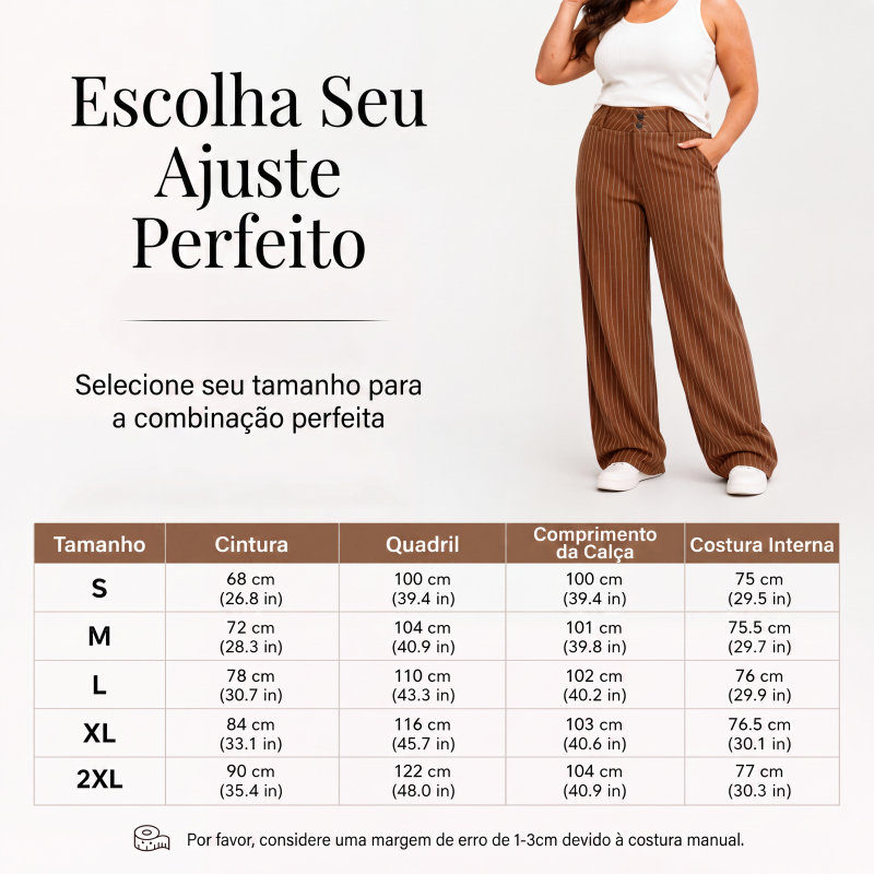 Calças sociais femininas listradas de corte flare