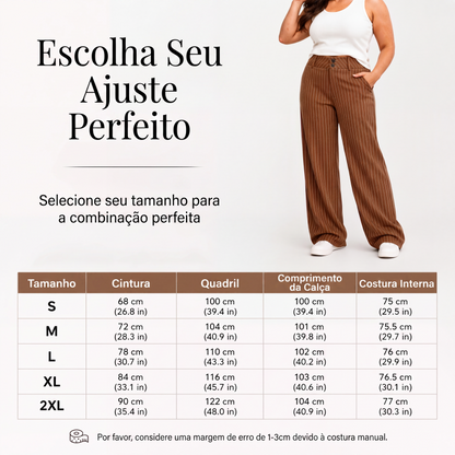 Calças sociais femininas listradas de corte flare