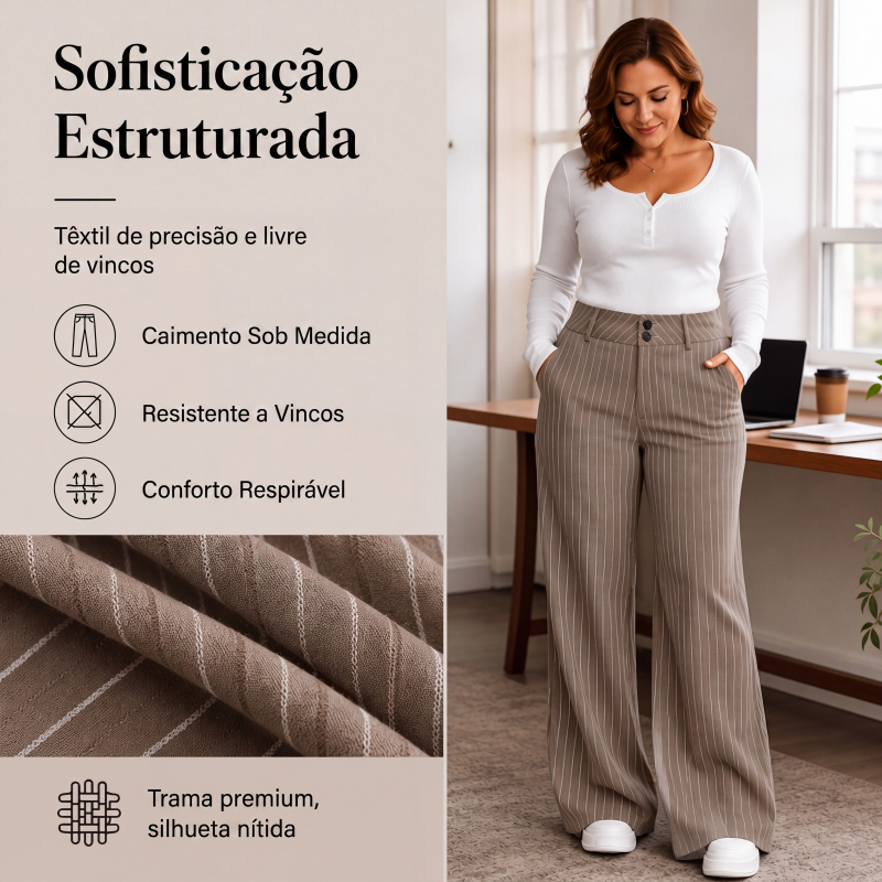 Calças sociais femininas listradas de corte flare