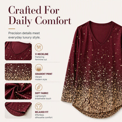 Women's V-Neck Gradient Print Long Sleeve Shirt