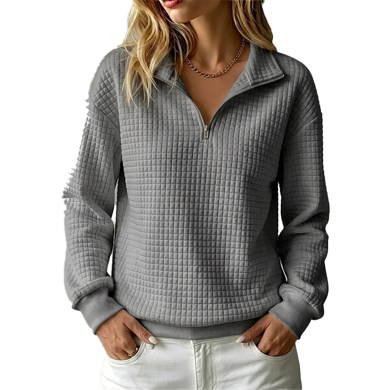 ✨👚Camisola feminina acolchoada com padrão quadriculado e fecho de correr parcial