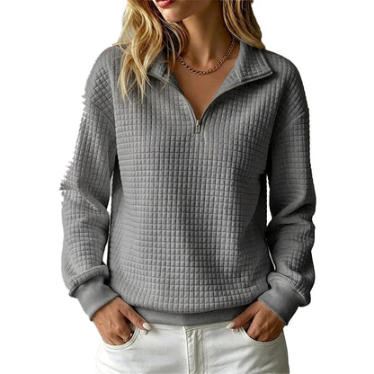 ✨👚Camisola feminina acolchoada com padrão quadriculado e fecho de correr parcial