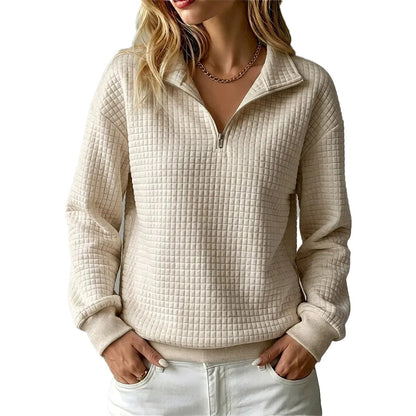 ✨👚Camisola feminina acolchoada com padrão quadriculado e fecho de correr parcial