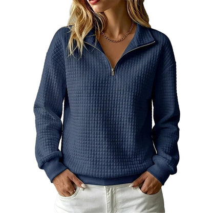 ✨👚Camisola feminina acolchoada com padrão quadriculado e fecho de correr parcial