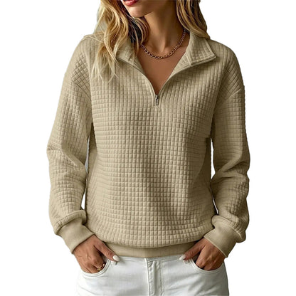 ✨👚Camisola feminina acolchoada com padrão quadriculado e fecho de correr parcial