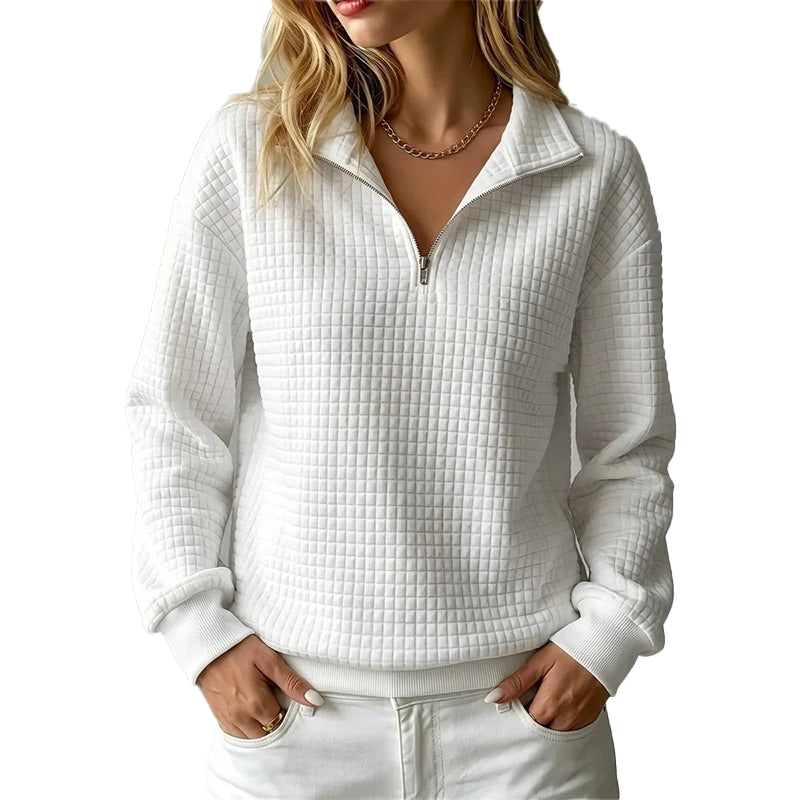✨👚Camisola feminina acolchoada com padrão quadriculado e fecho de correr parcial