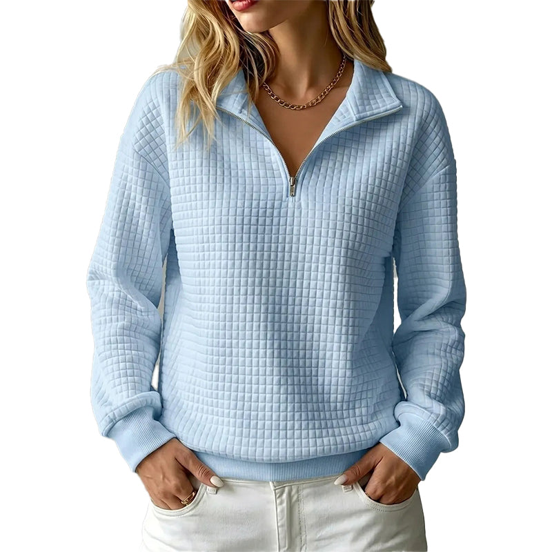 ✨👚Camisola feminina acolchoada com padrão quadriculado e fecho de correr parcial