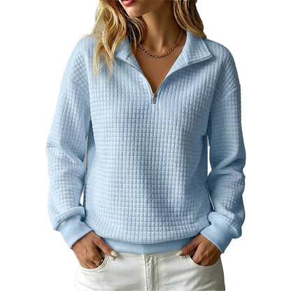 ✨👚Camisola feminina acolchoada com padrão quadriculado e fecho de correr parcial