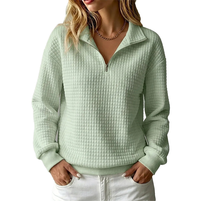 ✨👚Camisola feminina acolchoada com padrão quadriculado e fecho de correr parcial