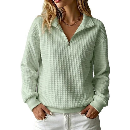 ✨👚Camisola feminina acolchoada com padrão quadriculado e fecho de correr parcial