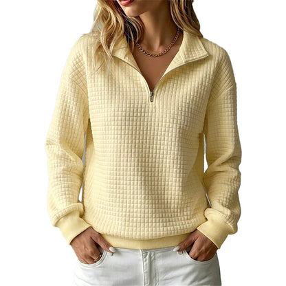 ✨👚Camisola feminina acolchoada com padrão quadriculado e fecho de correr parcial